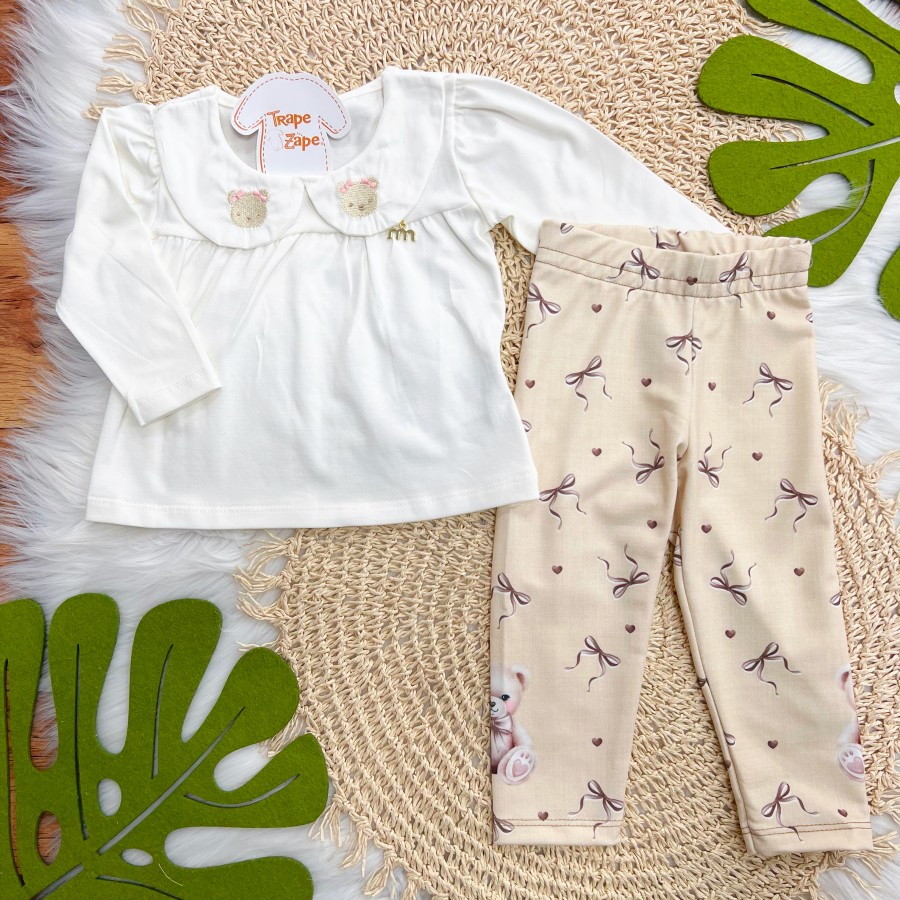 Conj. Batinha Gola Bordada Ursinhas e Calça Legging - Off White e Areia